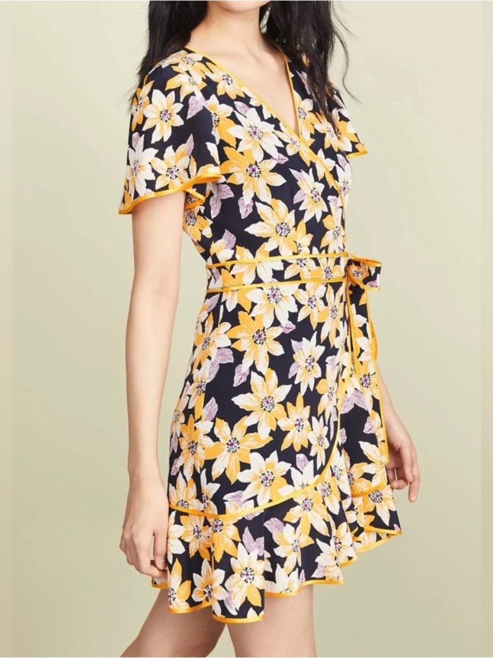 Cinq à Sept Silk Floral Cameron Wrap Mini  Dress Size 4 Navy Yellow Party Resort